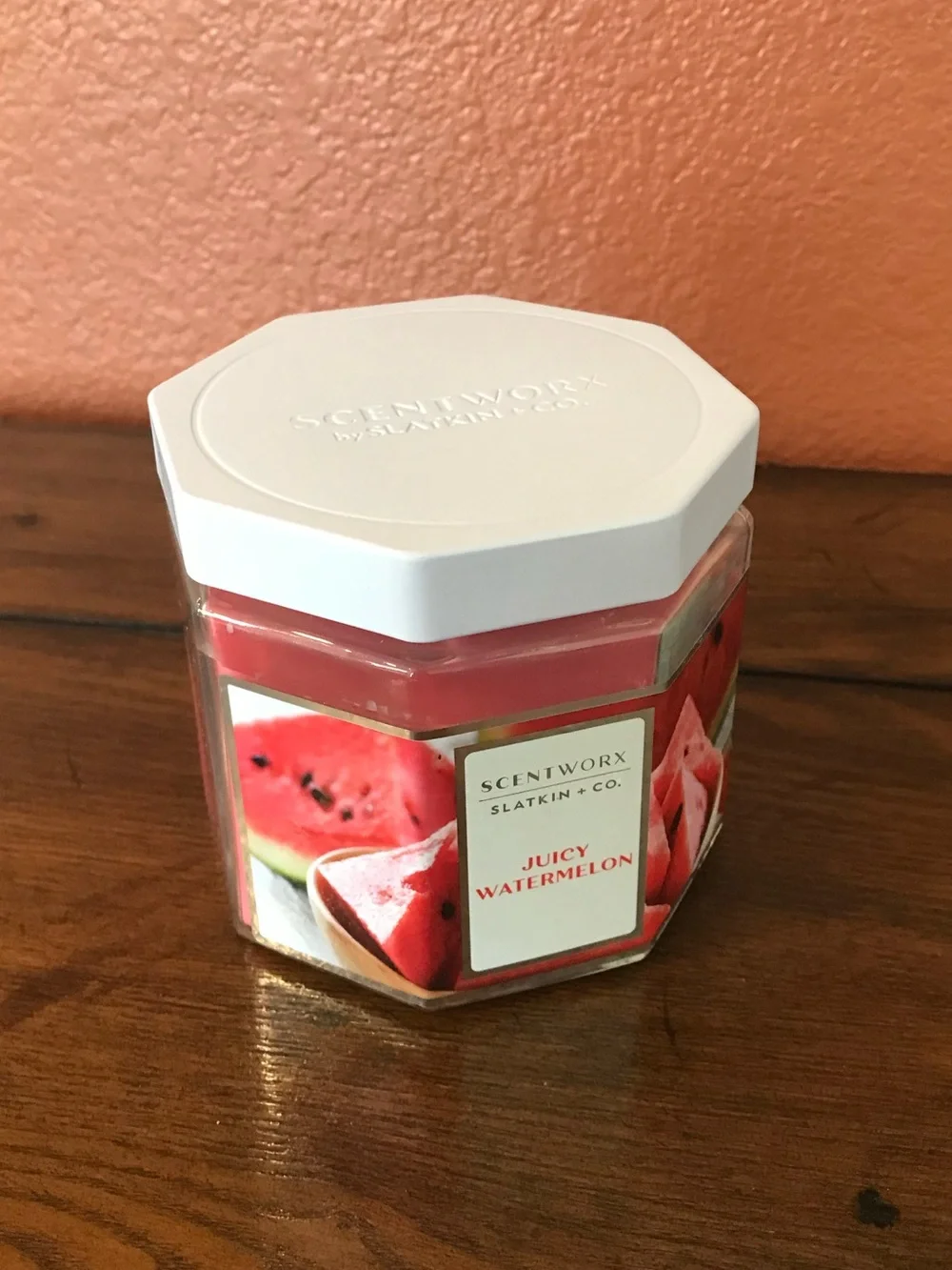 ScentWorx Juicy Watermelon Pink Red 3-Wick 14.5oz Hexagonal Glass Jar Candle